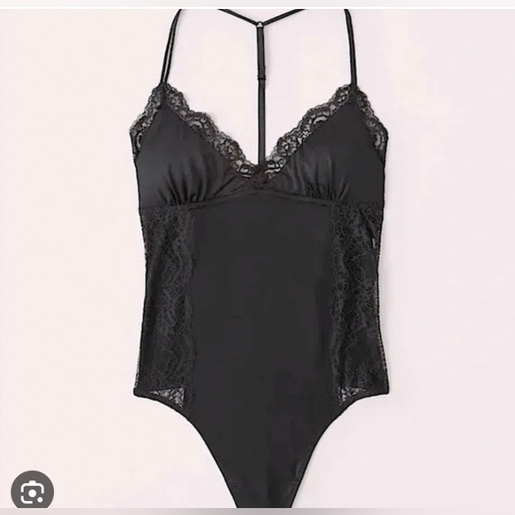Abercrombie&Fitch Black lace satin strap back bodysuit Brami Removable pads S - Picture 4 of 8